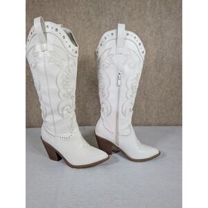 Emerge 3 White Embroidered Western Cowboy Boots Studded Tall Pointed Toe Size 6